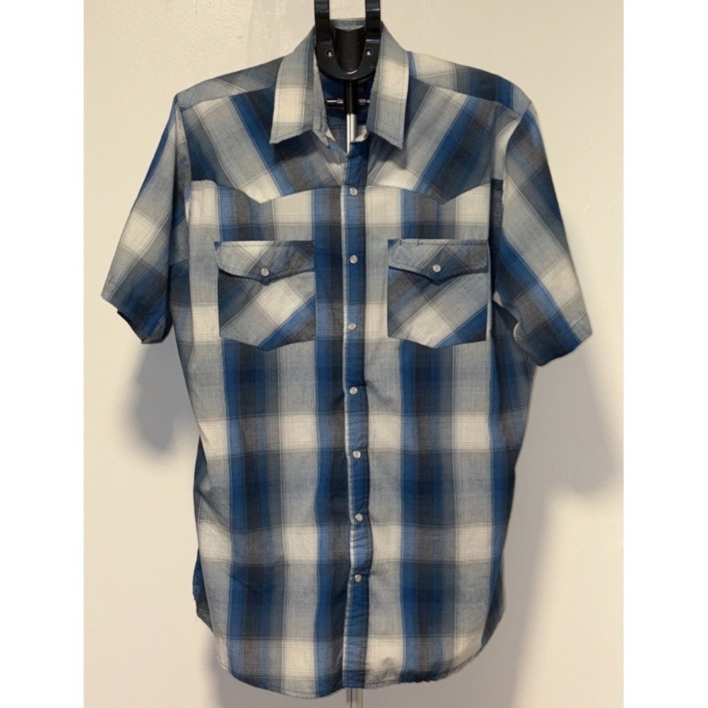 Canyon Guide Outfitters Shirt Mens 2XL Plaid Western Pearl Snap Short Sleeve Blu